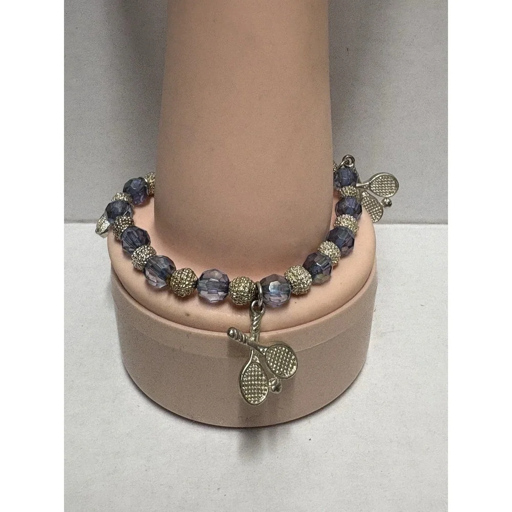 Bracelet Silver Tone Tennis raquets‎ charms blue stretchy